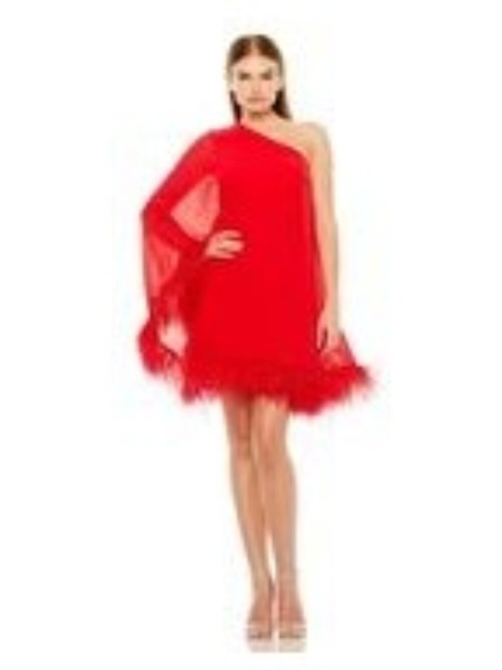 Mac Duggal Red One Shoulder Feather Trim Chiffon Trapeze Dress Size 4 NWT